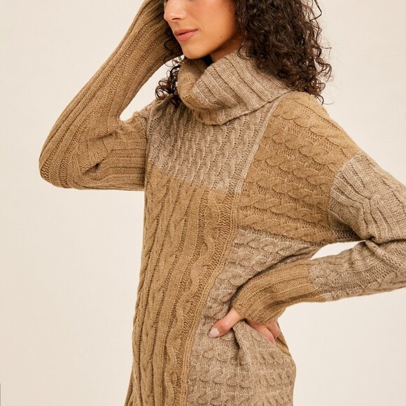 HEM & THREAD Chunky Cable Knit Turtleneck Sweater, Two-Tone Neutral Brown Beige - Picture 3 of 8